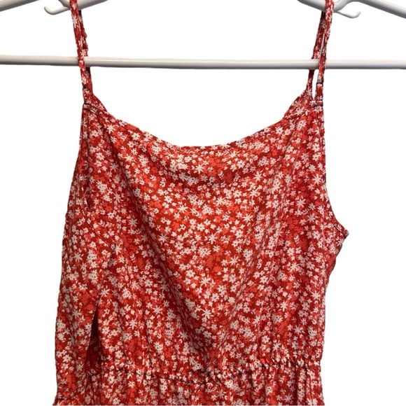 Loft Red Ditsy Floral Dress Midi Spaghetti Strap Drawstring Waist Size 12 - Picture 4 of 8